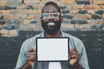 Display mockup afro-american man in his 20s holding a tablet with a fully white screen