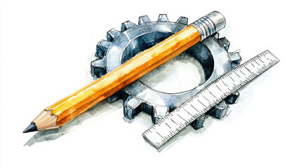 A mechanical gear, pencil, and ruler set on a white background, symbolizing engineering, design, and precision.