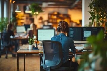 Computer programmer is coding on a dual monitor setup in a busy open plan office