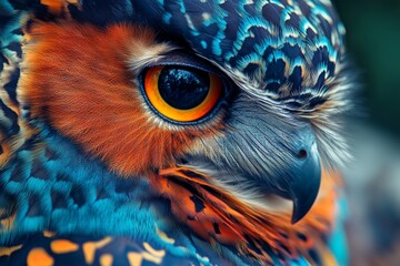 A close up of an owl's face with a blue background