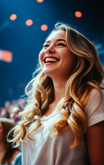 Blonde woman with bright smile at concert of favorite artist listens to music or watches show on stage. Portrait of young woman at event.