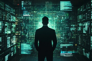 Businessman analyzing data flow using artificial intelligence