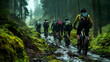 © Siasart - Group of mountain bikers navigating a muddy forest trail.