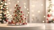 © Aina Tahir - White podium with a festive Christmas tree adorned with glowing lights and red ornaments.