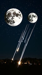 Two moons in a night sky with shooting stars over a city skyline.