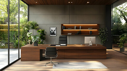 Wall Mural - Modern office space with wood accents and greenery.