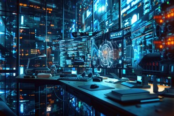 Computer science engineer analyzing data from multiple computer screens showing futuristic interface in a dark room