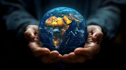 Hands cradling a glowing Earth, symbolizing care for the planet.