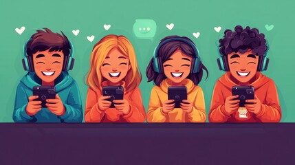 Wall Mural - Smiling Friends Using Smartphones