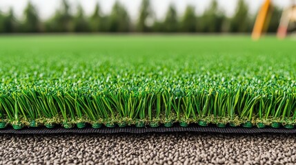 Close-up of artificial turf with lush green fibers, showcasing its texture against a blurred background.