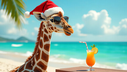 Giraffe in Santa Claus hat relaxing on tropical beach during New Year holidays.