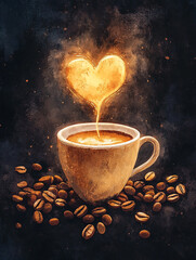 Wall Mural - A steaming cup of coffee with heart-shaped steam rising from it, surrounded by scattered coffee beans on a dark background. 