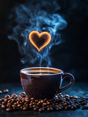 Wall Mural - A steaming cup of coffee with heart-shaped steam rising from it, surrounded by scattered coffee beans on a dark background. 