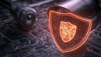 Wall Mural - security camera with glowing shield on circuit board