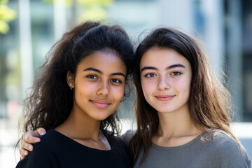 Close-Up of Two Teen Girls Smiling Outdoors, Portrait of two teen girls standing close together, smiling softly, enjoying an outdoor setting with natural light.

