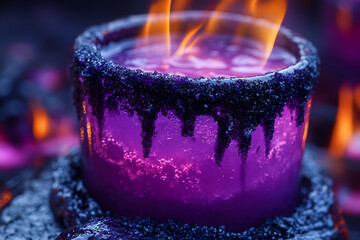 A vibrant purple candle burns with flickering flames, surrounded by dark wax drippings, creating a mystical and enchanting atmosphere.