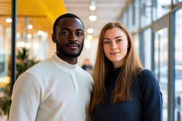 Confident Young Business Colleagues in Bright Modern Office, Professional portrait of two young business colleagues, a man and woman, standing together in a brightly lit, modern office setting.