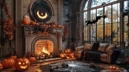 A cozy yet spooky living room setup for a Halloween party with pumpkins, cobwebs draping the fireplace, and bats flying above. Fake spiders create a creepy yet fun atmosphere.