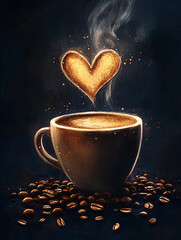 Wall Mural - A steaming cup of coffee with heart-shaped steam rising from it, surrounded by scattered coffee beans on a dark background. 