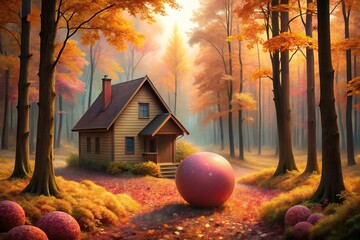 Illustration of a house in the woods with changing leaves