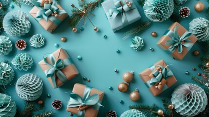 A turquoise background with gift boxes tied in velvet ribbons and surrounded by paper decorations