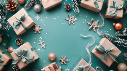 A turquoise background with gift boxes tied in velvet ribbons and surrounded by paper decorations