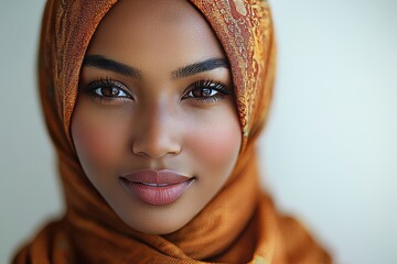 An image of a black Muslim girl in a brown hijab with a smile in the background and a white wall behind her