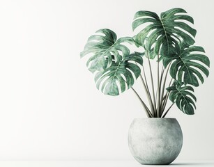 Monstera deliciosa with large leaves in a gray pot on a white background