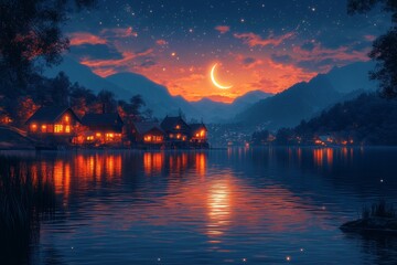 a crescent moon and a star at night in the seaside - stock illustration