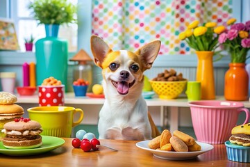 Happy Chihuahua Enjoying Gourmet Treats in a Vibrant Kitchen Setting