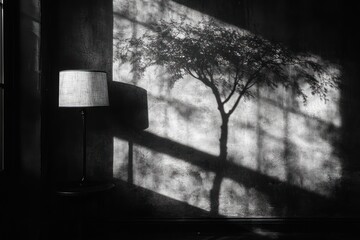 Wall Mural - A lamp stands in a dark room, casting a shadow of a tree on the wall from the sunlight streaming through a window.