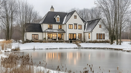 Charming Winter Landscape Showcasing a Modern Minimalist House Radiating Warm Glow Behind Frozen Lake