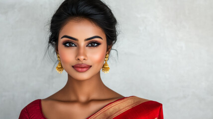 Beautiful Indian woman with bright eyes and a radiant smile wearing a vibrant red sari adorned with gold jewelry against a crisp white background 