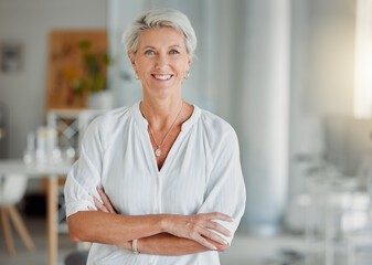 Aufkleber - Portrait, mature woman and office with confidence, smile and pride as creative director in business. Female person, happiness and arms crossed as professional in digital agency for career in company