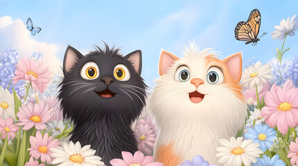 Naklejka na meble A Lively Cartoon Illustration of Two Energetic Cats Joyfully Chasing Each Other in a Beautiful Flower Garden
