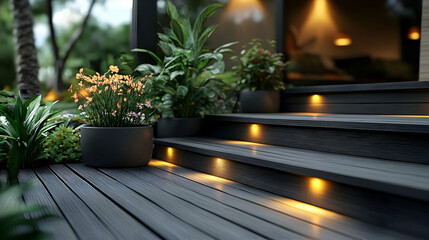 Wall Mural - Elegant outdoor steps with plants and ambient lighting.