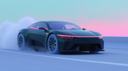 A futuristic black electric car is seen speeding down a sleek highway. The car's design is ultra-modern, with smooth, aerodynamic lines, a glossy black exterior, and bright LED lights streaking.