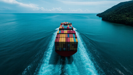 Top view of a container cargo ship moving steadily over the ocean hundreds of containers arranged in neat rows the ship’s wake trailing in the clear water 