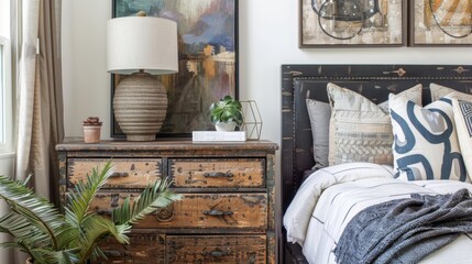 A combination of old and new decor such as a vintage chest of drawers paired with modern artwork creates a timeless yet eclectic look in a bedroom.