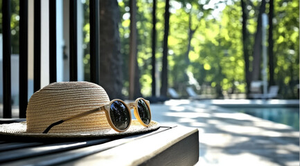 Wall Mural - A straw hat and sunglasses rest on a wooden table by a pool, with a lush green forest in the background.