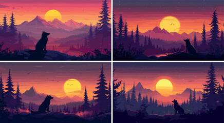 Wall Mural - sunset forest valley sitting wolf cartoon vector scenes. trees pine mountains boulder stone rock wil