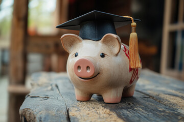 Piggy bank with graduation cap on wooden table