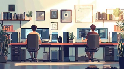 Two programmers working together at their desks in a modern office with large monitors, keyboards, and a bookshelf behind them.