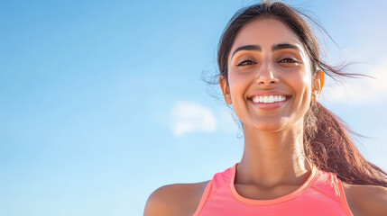 Poster - young indian woman smiling on sky background