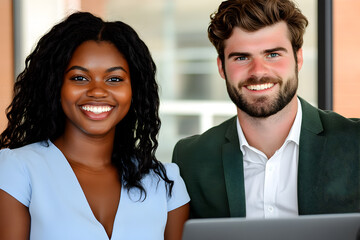 Happy diverse coworkers, an African woman and a Caucasian man,working together at laptop in a modern office space, engaged in professional discussion.