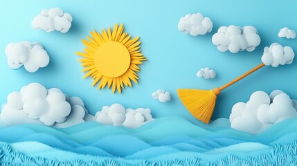 Paper cut style illustration of a broom sweeping away clouds in front of the sun on a blue sky background.