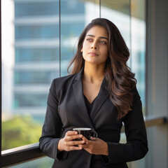 Wall Mural - young indian business woman holding coffee cup at office