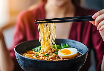 Woman eats ramen noodles with chopsticks at a cozy Asian restaurant, showcasing joy and delicious cuisine.