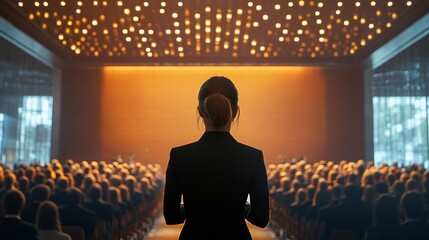 Speaker addressing audience in elegant conference hall