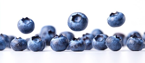 Poster - Fresh blueberries falling and scattered on a white background.